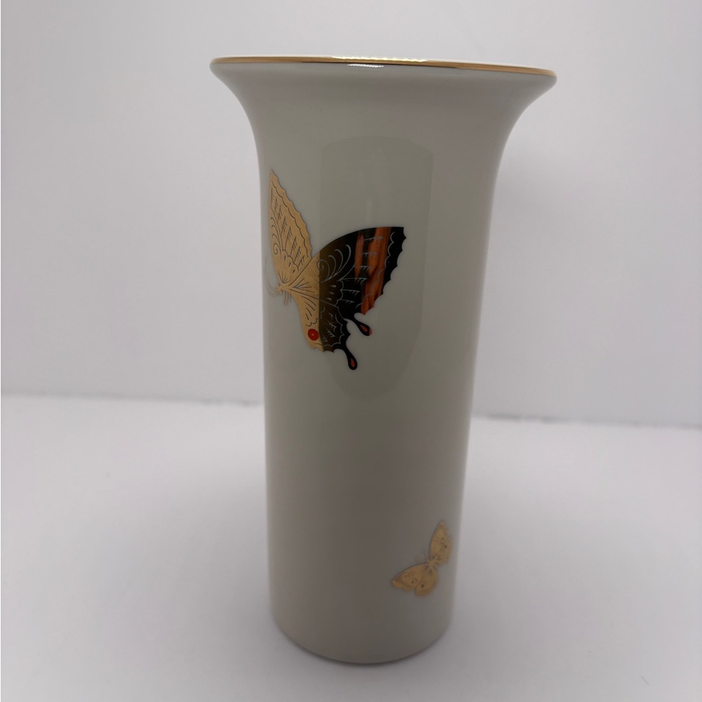 Japan Takahashi Flower Bud Vase Ivory White with Gold Butterfly 7 Inches